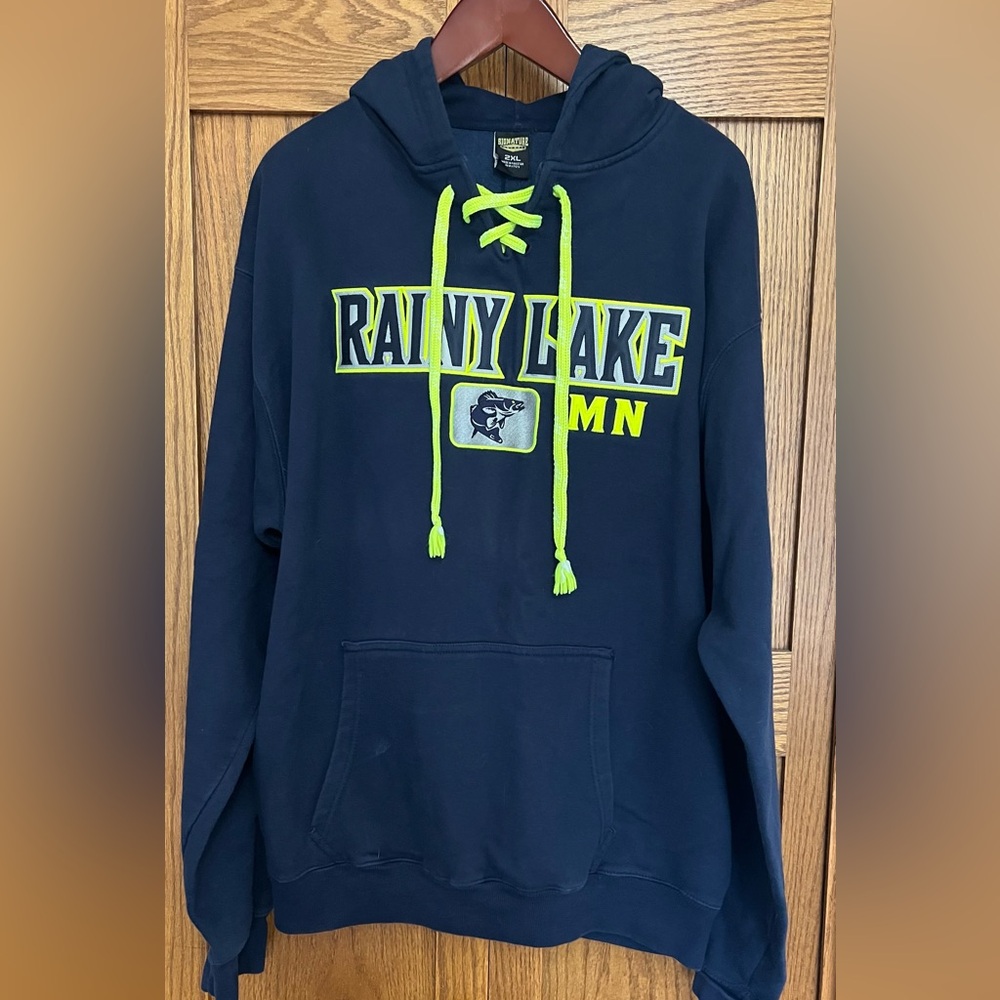 Rainy Lake Minnesota Signature Navy Hoodie with Bright Yellow Accents